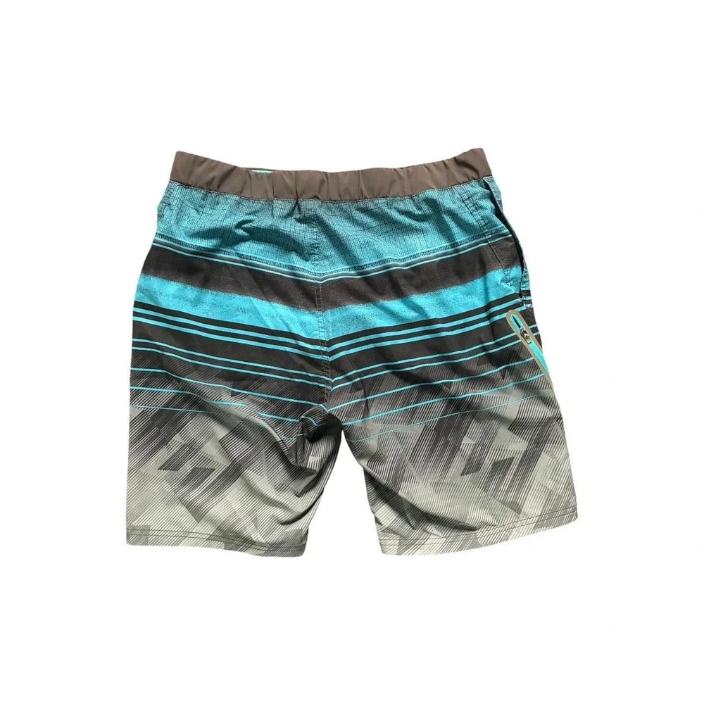 ZeroXposur Mens Swim Trunks Teal Black Grey Striped Board Shorts Size Medium